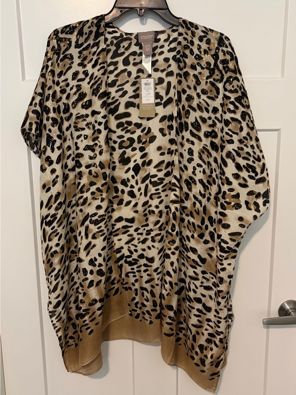 Chico’s Neutral Leopard Print Long N Lean Stylish Ruana Kimono Cape Small